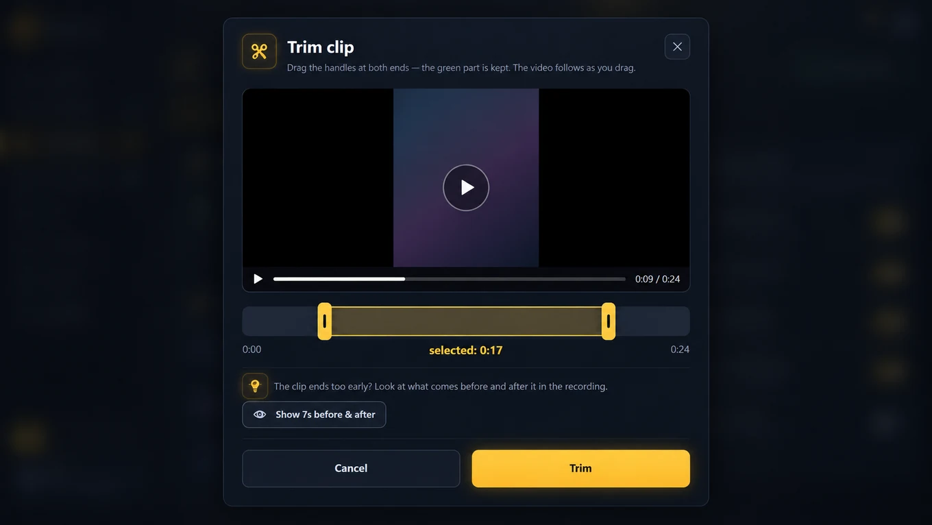 Trim editor with start and end handles over the clip timeline